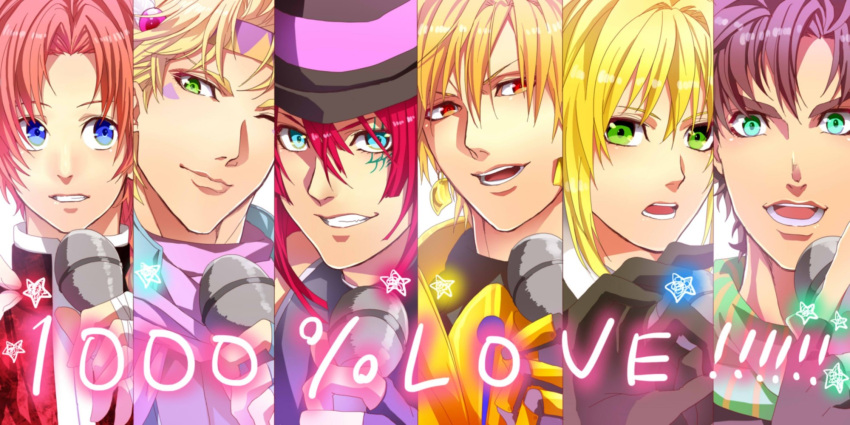 1girl 5boys almightyx124 armor artoria_pendragon_(all) battle_tendency blonde_hair blue_eyes brave_10 brown_hair caesar_anthonio_zeppeli crossover facial_mark fate/zero fate_(series) feathers fingerless_gloves gilgamesh gintama gloves green_eyes hat highres jojo_no_kimyou_na_bouken joseph_joestar_(young) kamanosuke_yuri kamui microphone multiple_boys orange_hair ponytail redhead reverse_trap saber top_hat uta_no_prince-sama wink