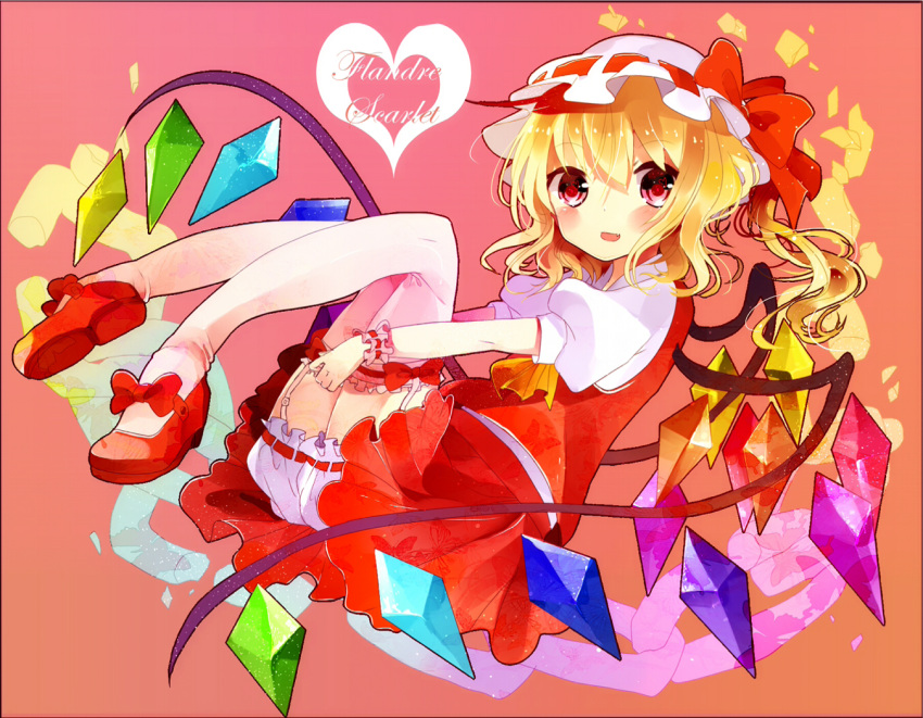 1girl ascot blonde_hair bloomers blush bow broken_chain fang flandre_scarlet garter_straps hat hat_bow heart looking_at_viewer open_mouth pink_eyes puffy_sleeves remimim shirt short_sleeves side_ponytail skirt skirt_set smile solo thigh-highs touhou underwear upskirt vest white_legwear wings wrist_cuffs