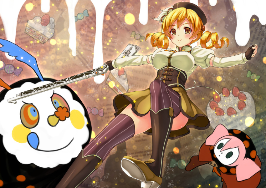 1girl :q beret blonde_hair boots breasts cake charlotte_(madoka_magica) corset detached_sleeves drill_hair fingerless_gloves food fruit gloves gun hair_ornament hat large_breasts magical_girl magical_musket mahou_shoujo_madoka_magica pleated_skirt shimashima_salmon skirt smile strawberry taut_clothes taut_shirt thigh-highs tomoe_mami tongue vertical-striped_legwear vertical_stripes weapon