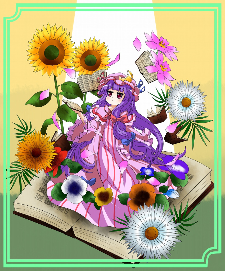 1girl :&lt; book border bow capelet crescent daisy dress flower hair_bow hat hat_ribbon highres leaf long_hair looking_away mob_cap morning_glory mukyuu open_book patchouli_knowledge purple_hair raised_hand red_eyes red_rose ribbon robe rose ryouryou solo sunflower touhou very_long_hair yellow_background