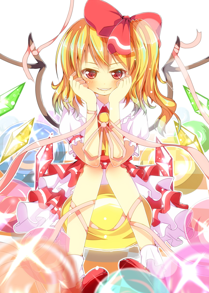 1girl arm_support ascot ball blonde_hair dress embellished_costume fangs flandre_scarlet hair_ribbon highres leg_ribbon looking_at_viewer no_hat no_headwear red_dress red_eyes red_shoes ribbon shirt shoes short_sleeves side_ponytail sitting sitting_on_object smirk solo touhou wing_ribbon wings wrist_ribbon yuimari