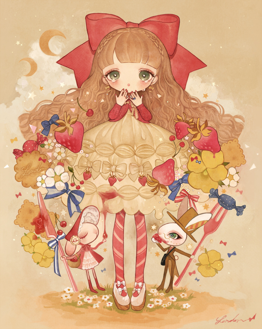 basket bonnet bow brown_hair cookie crescent_moon earrings eating flower food food_as_clothes food_themed_clothes fork fruit full_body green_eyes hair_bow hat highres jewelry knife lalala222 lolita_fashion long_hair moon nail_polish no_nose original petticoat rabbit red_legwear signature standing strawberry striped striped_legwear sweet_lolita sweets tears top_hat wavy_hair