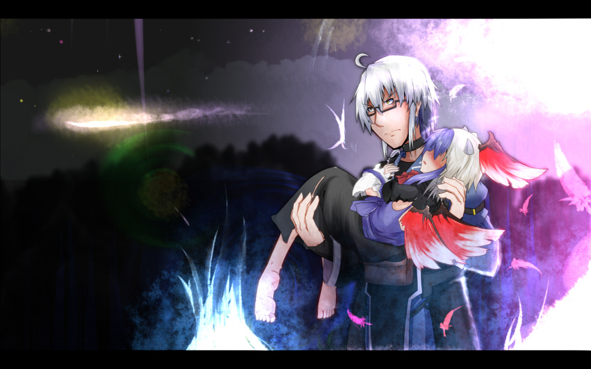 1boy 1girl ahoge armband barefoot bird_wings carrying feathers fire frown glasses horns japanese_clothes lens_flare letterboxed light light_trail long_sleeves looking_away morichika_rinnosuke mountain multicolored_hair night outdoors princess_carry semi-rimless_glasses shishamoji short_hair sky star_(sky) starry_sky tokiko_(touhou) torn_clothes touhou two-tone_hair under-rim_glasses white_hair yellow_eyes