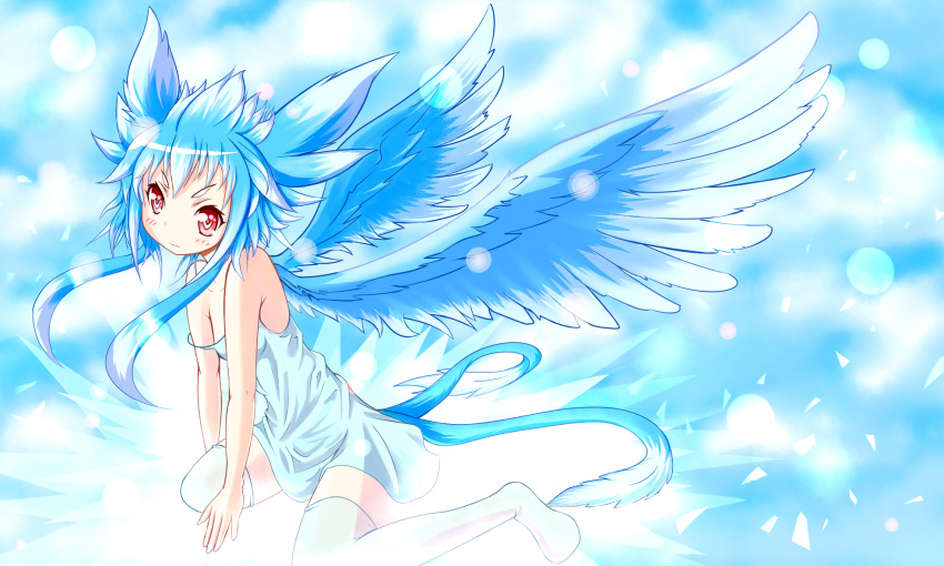 1girl blue_hair dress highres jupengin personification pina_(sao) red_eyes sitting strap_slip sword_art_online tail thigh-highs two_tails wariza wings