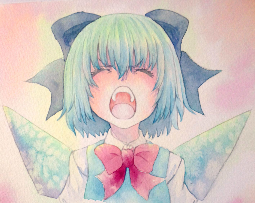1girl blue_eyes blue_hair bow cirno closed_eyes hair_bow ice ice_wings open_mouth sad screaming solo touhou traditional_media watercolor_(medium)highres wings yuyu_(00365676)