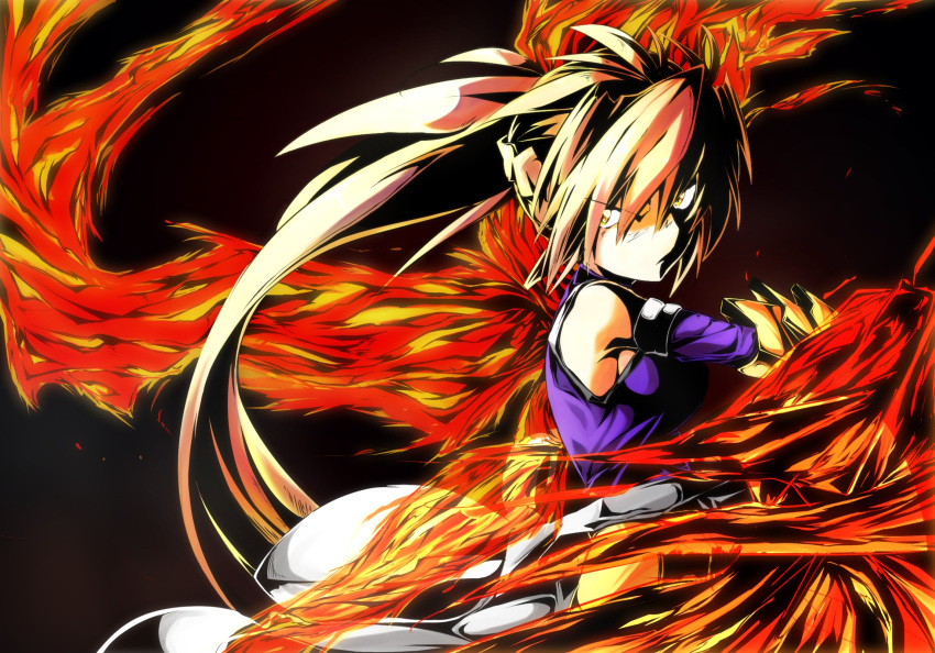 1girl bare_shoulders blonde_hair breasts bygddd5 fiery_wings flame gauntlets highres long_hair lyrical_nanoha mahou_shoujo_lyrical_nanoha_strikers ponytail signum solo unison yellow_eyes