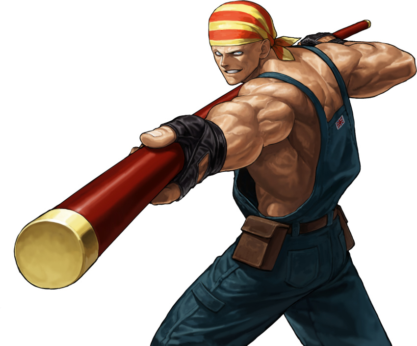 1boy bandana billy_kane fighting_stance fingerless_gloves gloves highres king_of_fighters muscle official_art ogura_eisuke overalls pouches shirtless snk solo staff transparent_background