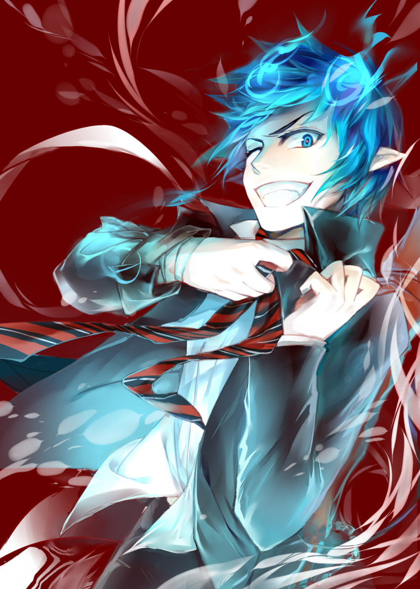 1boy ao_no_exorcist blue_eyes blue_fire blue_hair fire highres necktie okumura_rin pointy_ears school_uniform sixi1990 solo