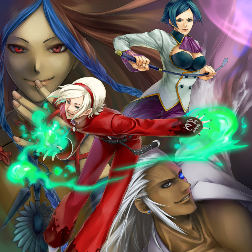 1girl 3boys ash_crimson blue_hair braid breasts brown_hair character_request chinese_clothes cleavage cleavage_cutout dark_skin earrings elizabeth_blanchtorche finger_to_mouth fire glowing glowing_eye green_fire heterochromia huge_breasts jewelry king_of_fighters king_of_fighters_xi long_hair masyu_shimei multiple_boys red_eyes riding_crop shion_(kof) twin_braids