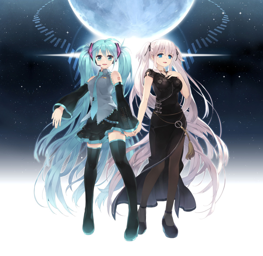 2girls aqua_eyes aqua_hair boots china_dress chinese_clothes hair_ribbon hand_on_own_chest hatsune_miku headset highres holding_hands long_hair mabinogi multiple_girls nao ribbon sky star_(sky) starry_sky thigh-highs thigh_boots twintails very_long_hair vocaloid white_hair