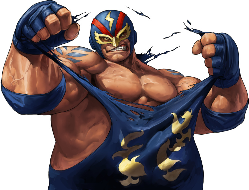 1boy dark_skin elbow_pads fingerless_gloves gloves highres king_of_fighters king_of_fighters_xiii mask muscle official_art ogura_eisuke raiden_(snk) snk solo tattoo tearing_clothes torn_clothes transparent_background unitard wrestling_mask wrestling_outfit