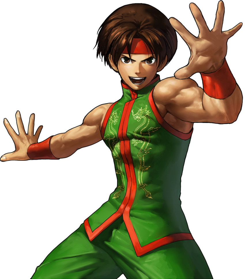 1boy brown_eyes brown_hair chinese_clothes headband highres king_of_fighters king_of_fighters_xiii muscle official_art ogura_eisuke short_hair sie_kensou sleeveless snk solo transparent_background vambraces