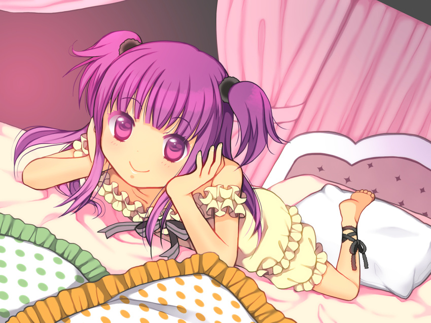 1girl barefoot bed curtains kurarin lying on_stomach original pajamas pillow purple_hair smile solo twintails violet_eyes