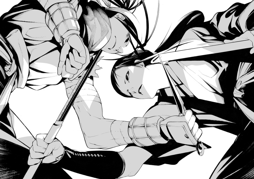 capcom fighting highres ibuki katana kunai long_hair monochrome onigunsou scabbard sheath snk sword takane_hibiki weapon