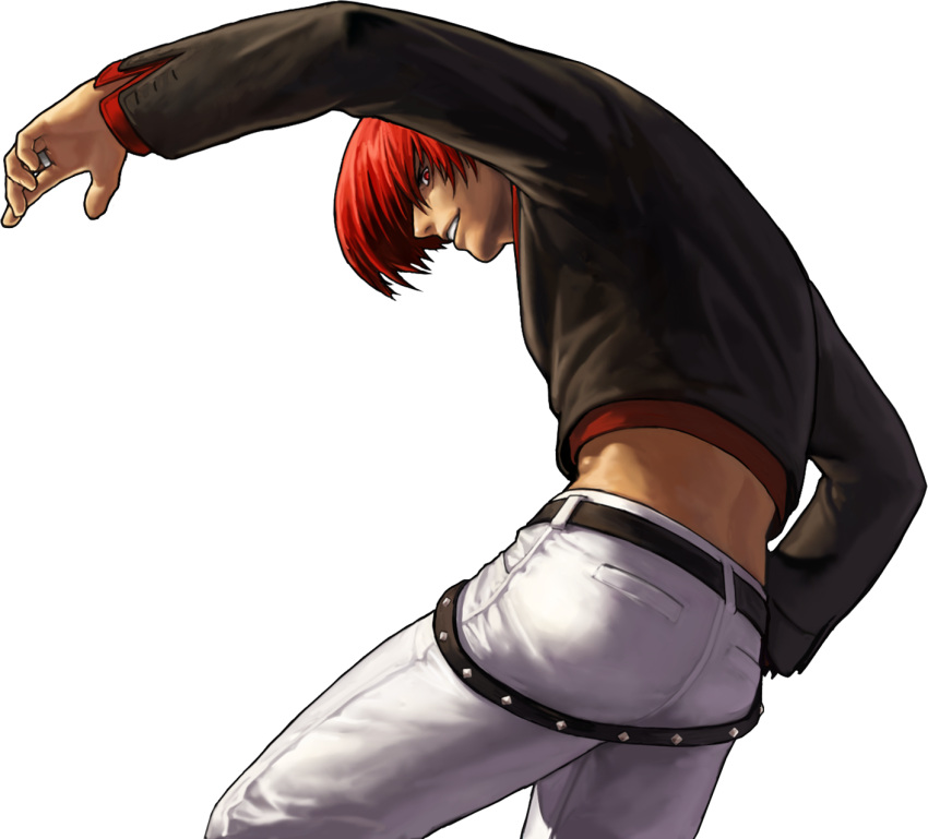 1boy cropped_jacket hair_over_one_eye highres king_of_fighters king_of_fighters_xiii midriff multiple_belts official_art ogura_eisuke red_eyes redhead short_hair snk solo transparent_background yagami_iori