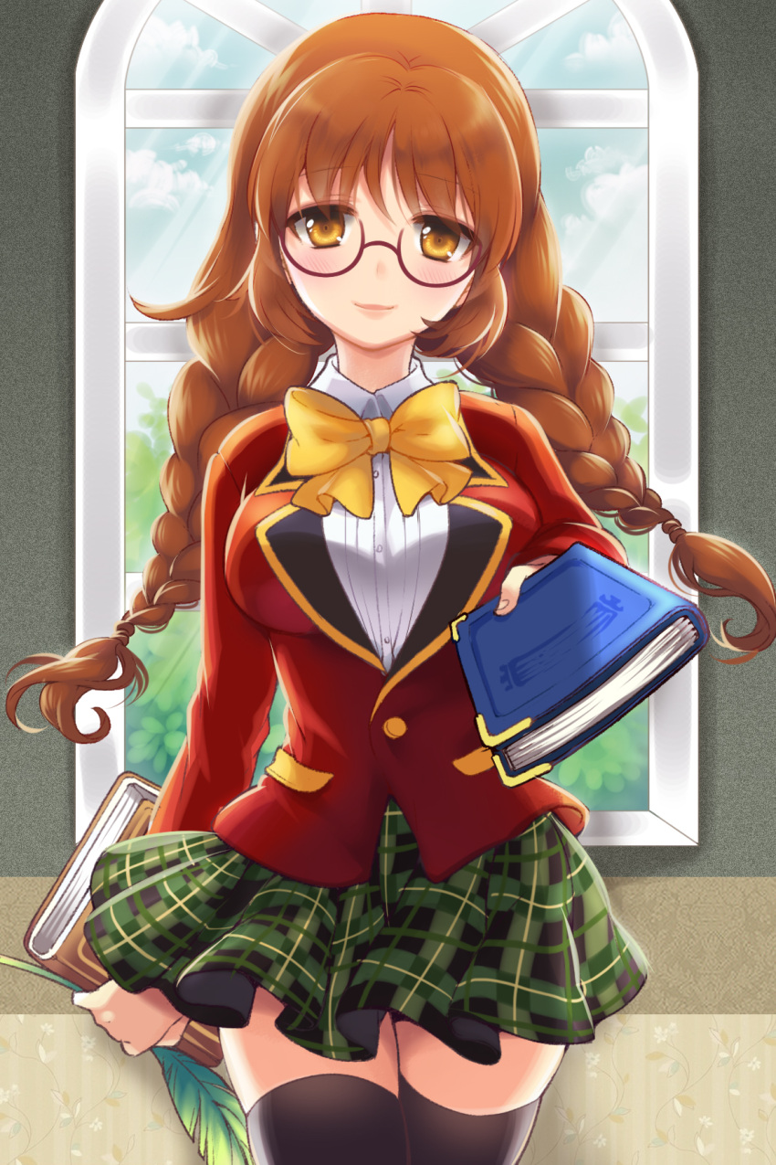 1girl bangs bittersweet_(dalcoms) black_legwear blazer blush book bow braid breasts brown_hair dress_shirt glasses highres large_breasts long_hair lowres outstretched_arm plaid plaid_skirt pleated_skirt quill ribbon school_uniform shirt skindentation skirt smile solo sword_girls thigh-highs twin_braids window yellow_eyes