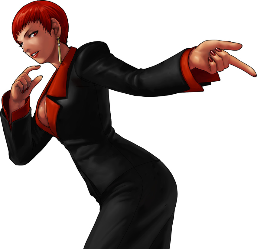 1girl breasts cleavage earrings formal highres jewelry king_of_fighters king_of_fighters_xiii large_breasts lipstick makeup nail_polish no_bra official_art ogura_eisuke pant_suit red_eyes redhead short_hair snk solo suit tan transparent_background vice
