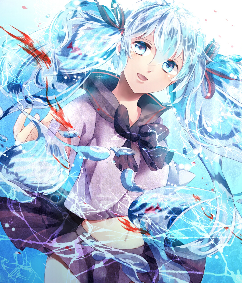 1girl blue_eyes blue_hair bottle_miku fish hair_ribbon hatsune_miku highres liquid_hair long_hair navel outo ribbon school_uniform serafuku skirt solo twintails very_long_hair vocaloid