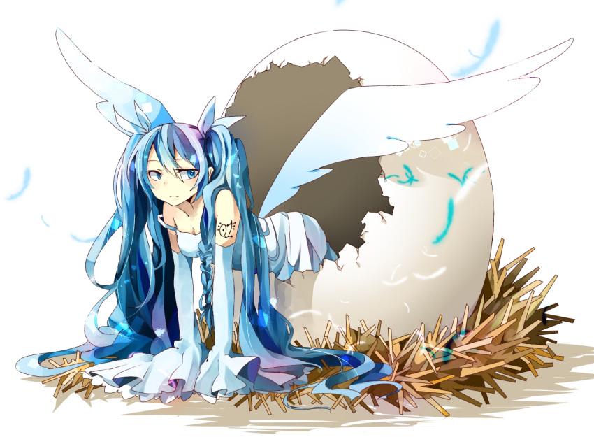 1girl blue_eyes blue_hair detached_sleeves egg eggshell feathers hatching hatsune_miku hoshino_kisora long_hair nest solo strap_slip twintails very_long_hair vocaloid wings