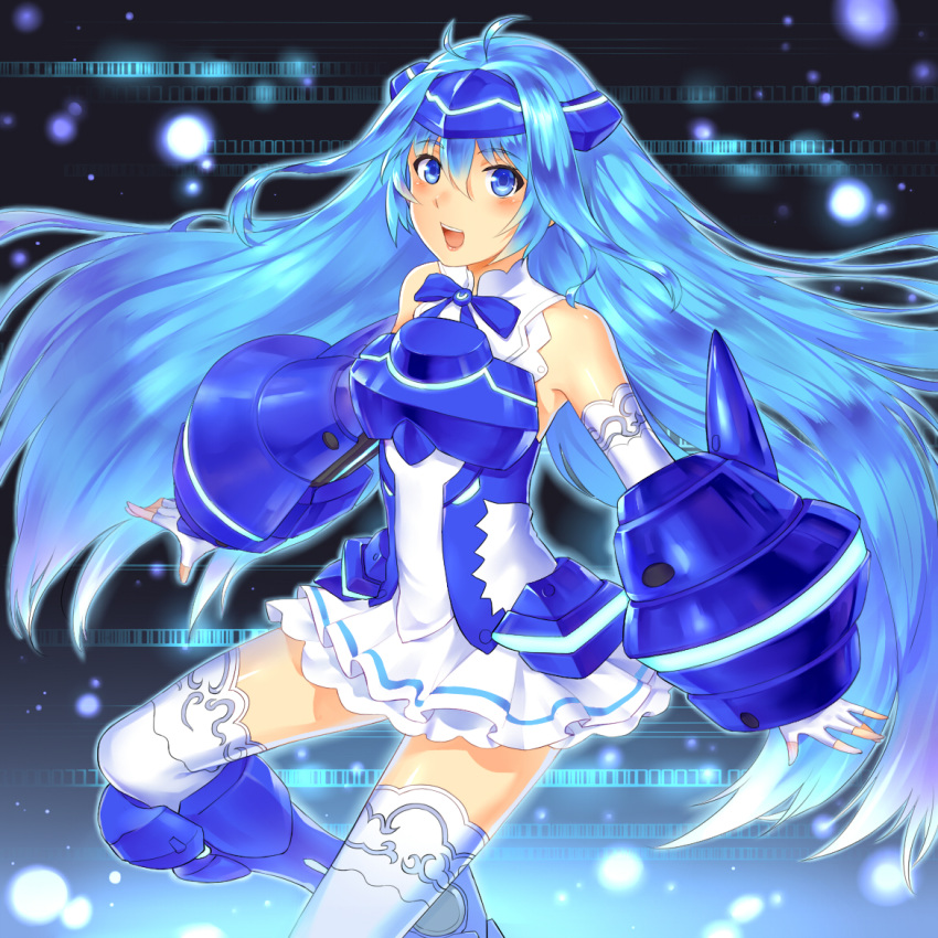 1girl :d armor bare_shoulders blue_eyes blue_hair blush boots bow breastplate detached_sleeves dress fingerless_gloves fusion gauntlets gloves greaves headgear light_particles long_hair open_mouth smile solo suika01 thigh-highs vividblue vividred_operation white_legwear