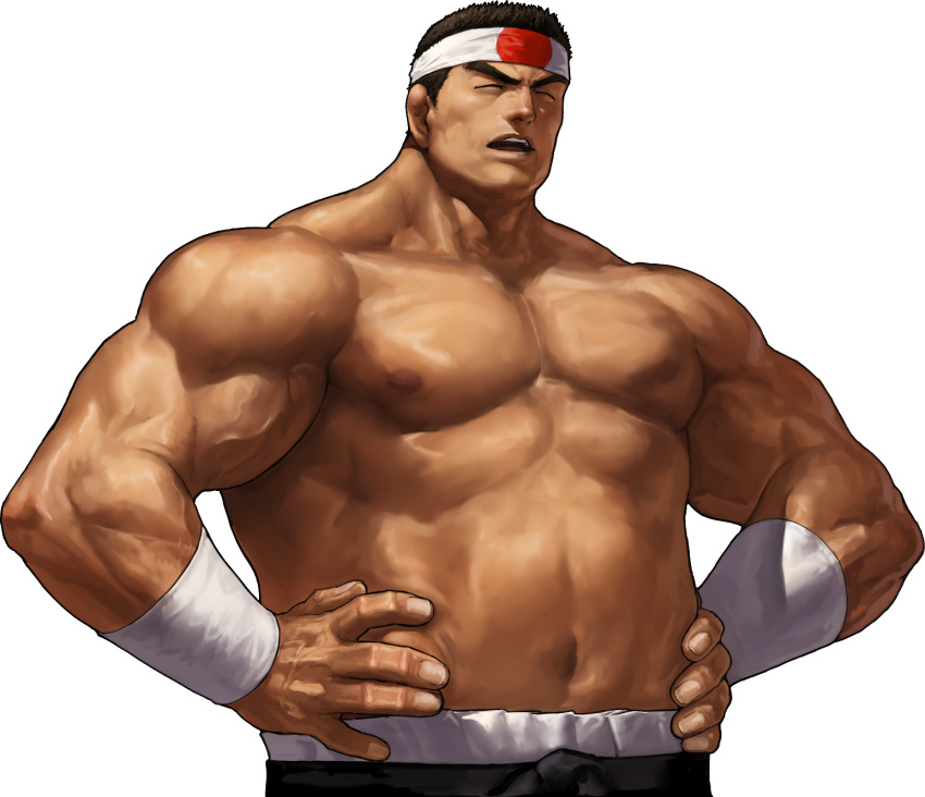 1boy black_hair closed_eyes daimon_gorou dark_skin hachimaki hands_on_hips headband highres king_of_fighters king_of_fighters_xiii muscle official_art ogura_eisuke shirtless short_hair snk solo transparent_background wristband