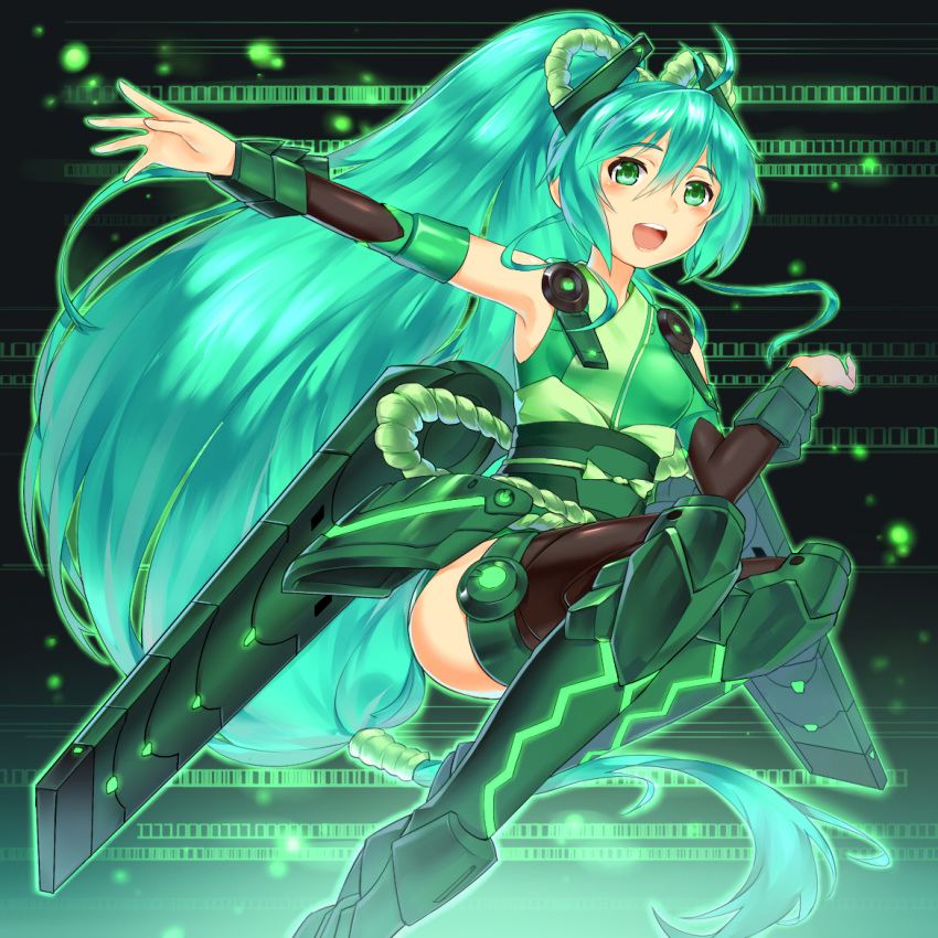1girl armor bare_shoulders blush bow breasts fusion gauntlets greaves green_eyes green_hair headgear japanese_clothes light_particles long_hair solo suika01 very_long_hair vividgreen vividred_operation