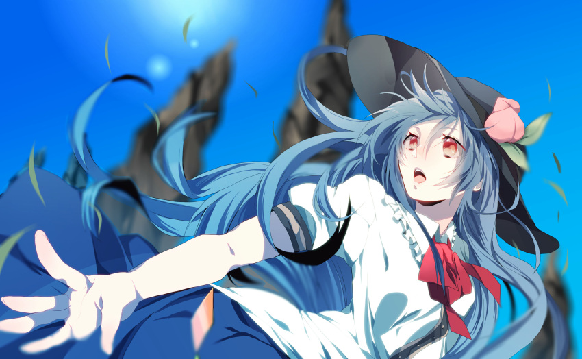 1girl blue_hair food fruit hat highres hinanawi_tenshi leaf long_hair mihatarou open_mouth outstretched_arm peach red_eyes solo touhou very_long_hair