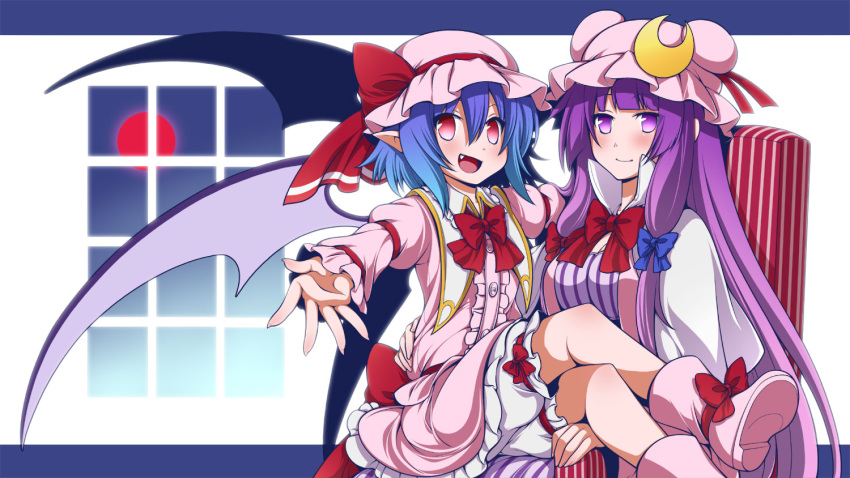 2girls :d bat_wings bloomers blue_hair blush boots breasts chair cleavage crescent eichi_yuu fang hat hat_ribbon long_hair looking_at_viewer multiple_girls open_mouth outstretched_hand patchouli_knowledge pointy_ears purple_hair red_eyes remilia_scarlet ribbon short_hair sitting sitting_on_lap sitting_on_person smile touhou underwear violet_eyes wings