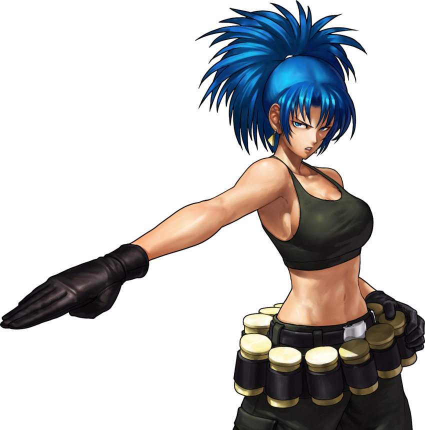 1girl bandolier belt black_gloves blue_eyes blue_hair breasts cargo_pants cleavage crop_top earrings explosive gloves grenade highres jewelry king_of_fighters king_of_fighters_xiii large_breasts leona_heidern long_hair midriff navel official_art ogura_eisuke ponytail snk solo tank_top toned transparent_background