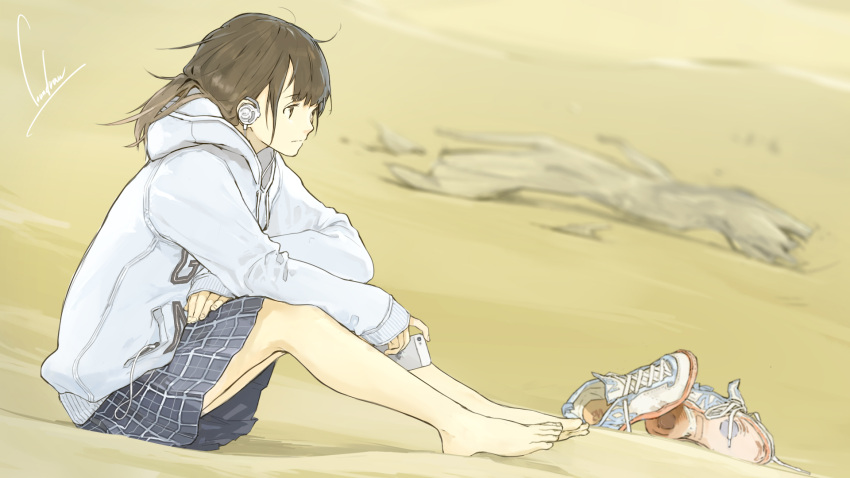 1girl artist_name barefoot beach blurry brown_eyes brown_hair clothes_writing depth_of_field digital_media_player earphones highres hoodie iphone long_hair loundraw original phone plaid plaid_skirt pleated_skirt sand shoes shoes_removed signature sitting skirt sneakers solo wallpaper