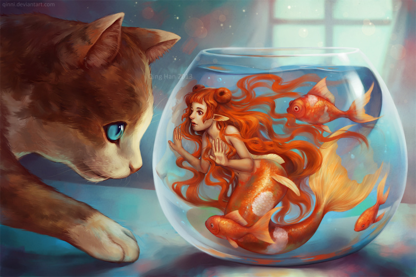 1girl blue_eyes cat fish fishbowl lips long_hair mermaid minigirl monster_girl navel orange_hair original pointy_ears qinni solo topless underwater water