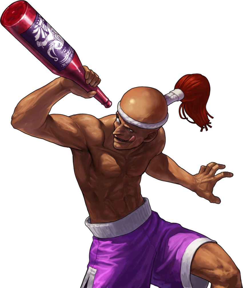 1boy abs bald bottle dark_skin headband highres hwa_jai king_of_fighters king_of_fighters_xiii licking_lips mongkhon muscle official_art ogura_eisuke shirtless shorts snk solo transparent_background