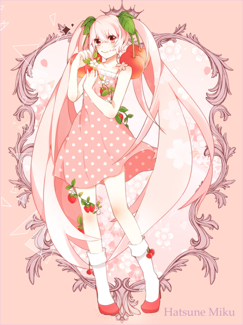 1girl character_name cherry dress elaborate_frame food food_as_clothes food_themed_clothes frame fruit hatsune_miku highres hiiro long_hair pink_eyes pink_hair polka_dot sakura_miku smile socks solo strawberry twintails very_long_hair vocaloid