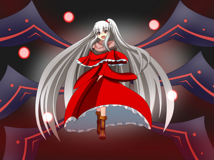 1girl boots energy_orb hair_bobbles hair_ornament highres multiple_wings red_eyes shinki side_ponytail silver_hair touhou touhou_(pc-98) wings