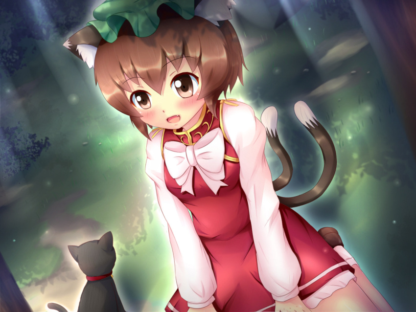 1girl animal_ears bell bell_collar blush bow brown_eyes brown_hair cat cat_ears cat_tail chen collar dress fang hat kane-neko long_sleeves multiple_tails open_mouth red_dress shirt short_hair sitting solo tail touhou