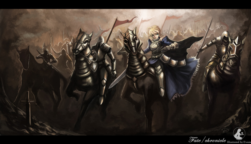 1girl armor armored_dress army artist_name blonde_hair dzhang13 fate/stay_night fate_(series) faulds gauntlets highres horse saber soldiers sword watermark weapon