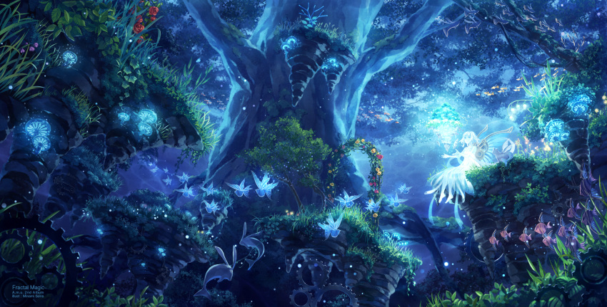 1girl blue_eyes butterfly butterfly_wings cat dress fantasy fish flower forest grass highres long_hair minami_seira mushroom nature night original scenery sitting white_hair wings