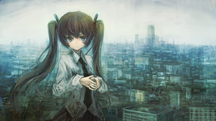 1girl blue_eyes building city cityscape grey_hair hair_ribbon hatsune_miku highres lm7_(op-center) long_hair long_sleeves necktie ribbon scenery school_uniform sky smile solo twintails vocaloid