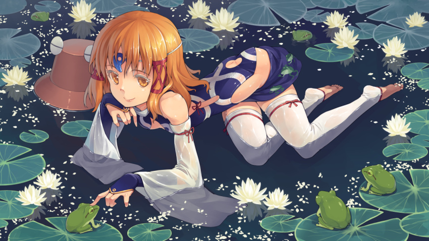 1girl adapted_costume arm_support ass bare_shoulders barefoot blonde_hair blue_dress bridal_gauntlets detached_sleeves dress frog hair_ribbon hat hat_removed headwear_removed kanini leaf long_hair long_sleeves moriya_suwako no_pants revealing_clothes ribbon see-through smile solo thigh-highs tiara touhou water wet_dress white_legwear wide_sleeves yellow_eyes zettai_ryouiki