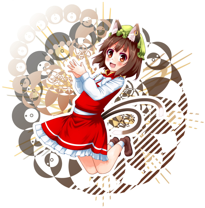 1girl animal_ears aps@shugyouchuu blush bow brown_eyes brown_hair cat_ears cat_tail chen ear_piercing hat highres jewelry jumping long_sleeves looking_at_viewer multiple_tails open_mouth piercing shirt single_earring skirt skirt_set smile solo tail touhou vest