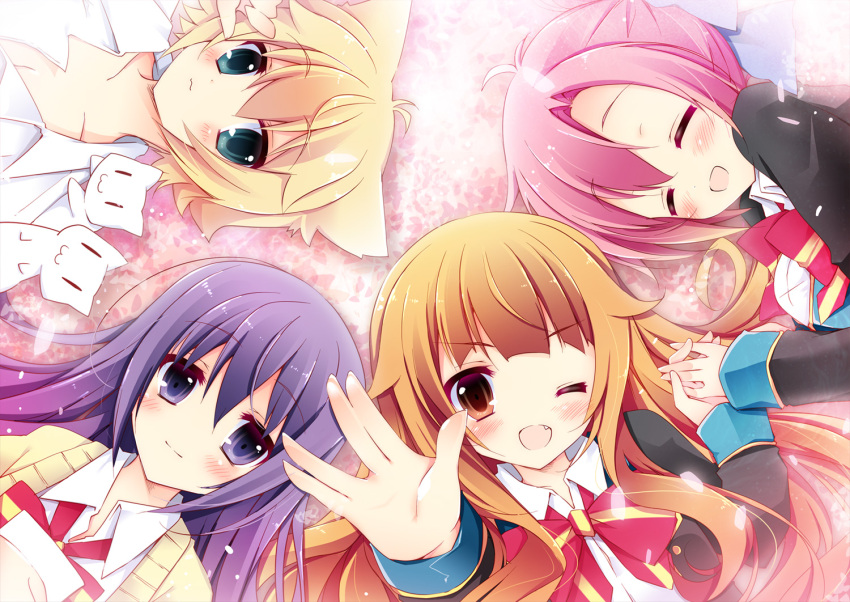 4girls amatsuka_mao amatsuka_megumi_(gj-bu) animal_ears blazer blonde_hair blue_eyes blush cat closed_eyes gj-bu highres kirara_bernstein long_hair long_sleeves looking_at_viewer lying multiple_girls nanamomo_rio on_back open_mouth orange_hair pink_hair purple_hair school_uniform short_hair smile sumeragi_shion violet_eyes vulcan_salute