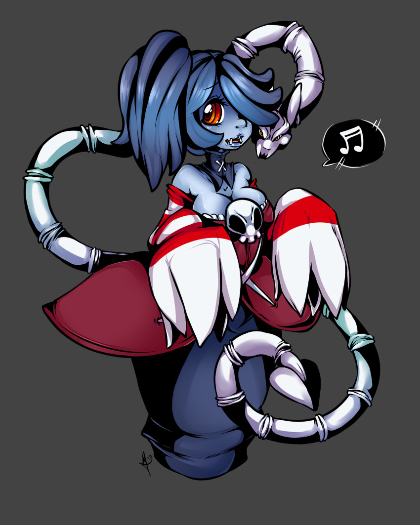 1girl bare_shoulders blue_hair blue_skin breasts cleavage detached_sleeves hair_over_one_eye highres leviathan_(skullgirls) long_hair long_skirt musical_note no_legs red_eyes side_ponytail signature simple_background skirt skullgirls smile solo squigly_(skullgirls) stitched_mouth striped_sleeves tiki-san zombie