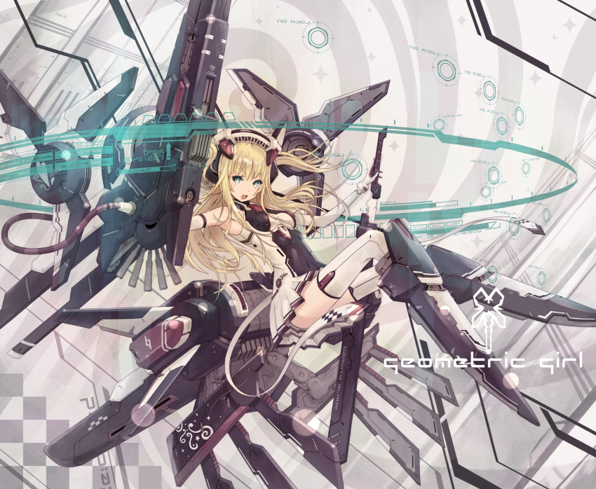 1girl absurdres armpits bare_shoulders blonde_hair blue_eyes daizo elbow_gloves gloves headgear highres holographic_interface katana long_hair mecha_musume open_mouth original sheath solo sword tail thigh-highs two_side_up unsheathing weapon white_gloves white_legwear