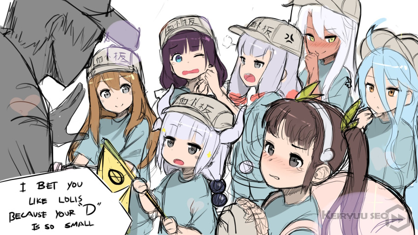 1boy 6+girls angry backpack bag black_eyes blue_eyes blue_hair blue_shirt blush brown_eyes brown_hair brown_hat character_request cheek_pinching chloe_von_einzbern commentary commentary_request embarrassed fate/kaleid_liner_prisma_illya fate/stay_night fate_(series) flag hachikuji_mayoi hair_ornament hair_ribbon hat hataraku_saibou highres kanna_kamui kobayashi-san_chi_no_maidragon looking_at_another monogatari_(series) multiple_girls one_eye_closed open_mouth paavuchi pinching platelet_(hataraku_saibou) purple_hair ribbon shirt silver_hair simple_background smile smirk tan translated u-1146 white_background white_hair yellow_eyes yellow_ribbon