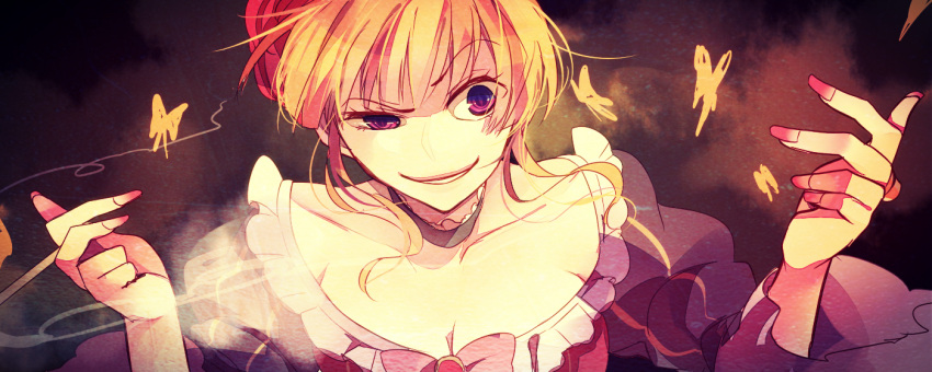 1girl a229 beatrice blonde_hair blue_eyes bow braid breasts butterfly choker cleavage collarbone dress french_braid jewelry open_mouth pipe ring smile smirk smoke solo troll_face umineko_no_naku_koro_ni
