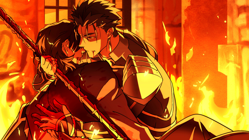 2boys blood blood_in_mouth cassock fate/stay_night fate_(series) fire gae_bolg kotomine_kirei lancer long_hair monochrome multiple_boys polearm sexy44 spear weapon