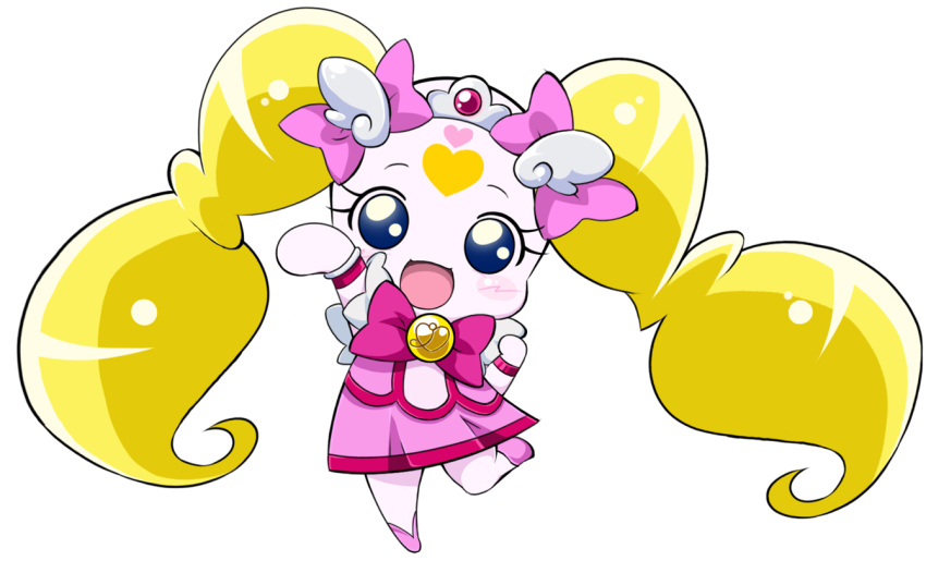 blonde_hair blue_eyes bowtie brooch candy_(smile_precure!) creature cure_candy dress hoshizora_miyuki jewelry long_hair magical_girl no_humans pink_dress precure sinko_(sinsin) skirt smile smile_precure! standing_on_one_leg twintails white_background