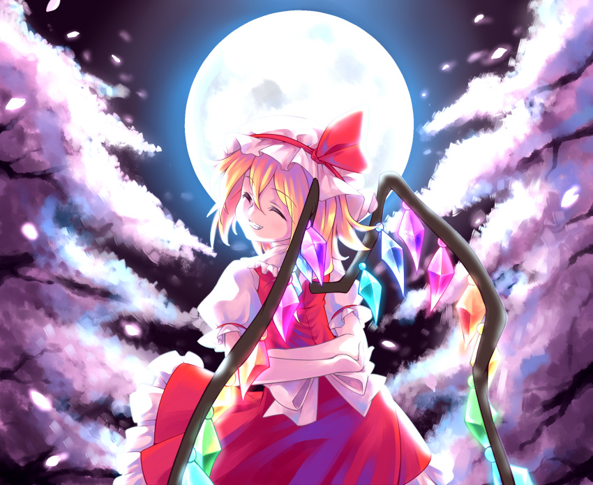 1girl arms_behind_back azuki-taste blonde_hair bow cherry_blossoms closed_eyes crossed_arms fang flandre_scarlet full_moon grin hat hat_ribbon head_tilt highres mob_cap moon night ribbon skirt skirt_set smile solo touhou tree wind wings