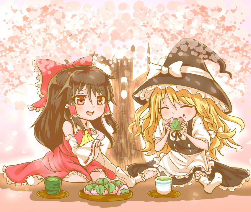 2girls apron ascot black_hair blanket blonde_hair bow braid cherry_blossoms closed_eyes cup detached_sleeves eating food food_on_face hair_bow hair_tubes hakurei_reimu hat hat_ribbon highres index_finger_raised kirisame_marisa leaf long_hair looking_at_another mochi multiple_girls no_shoes open_mouth origami_(bupibupi) picnic plate red_eyes ribbon saucer shade single_braid sitting skirt skirt_set touhou tree wagashi waist_apron wariza witch_hat