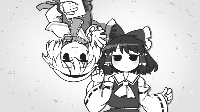 2girls alice_margatroid ascot bow capelet detached_sleeves dress from_above greyscale hair_bow hairband hakurei_reimu lying monochrome multiple_girls on_back short_hair touhou ume_(noraneko) wide_sleeves
